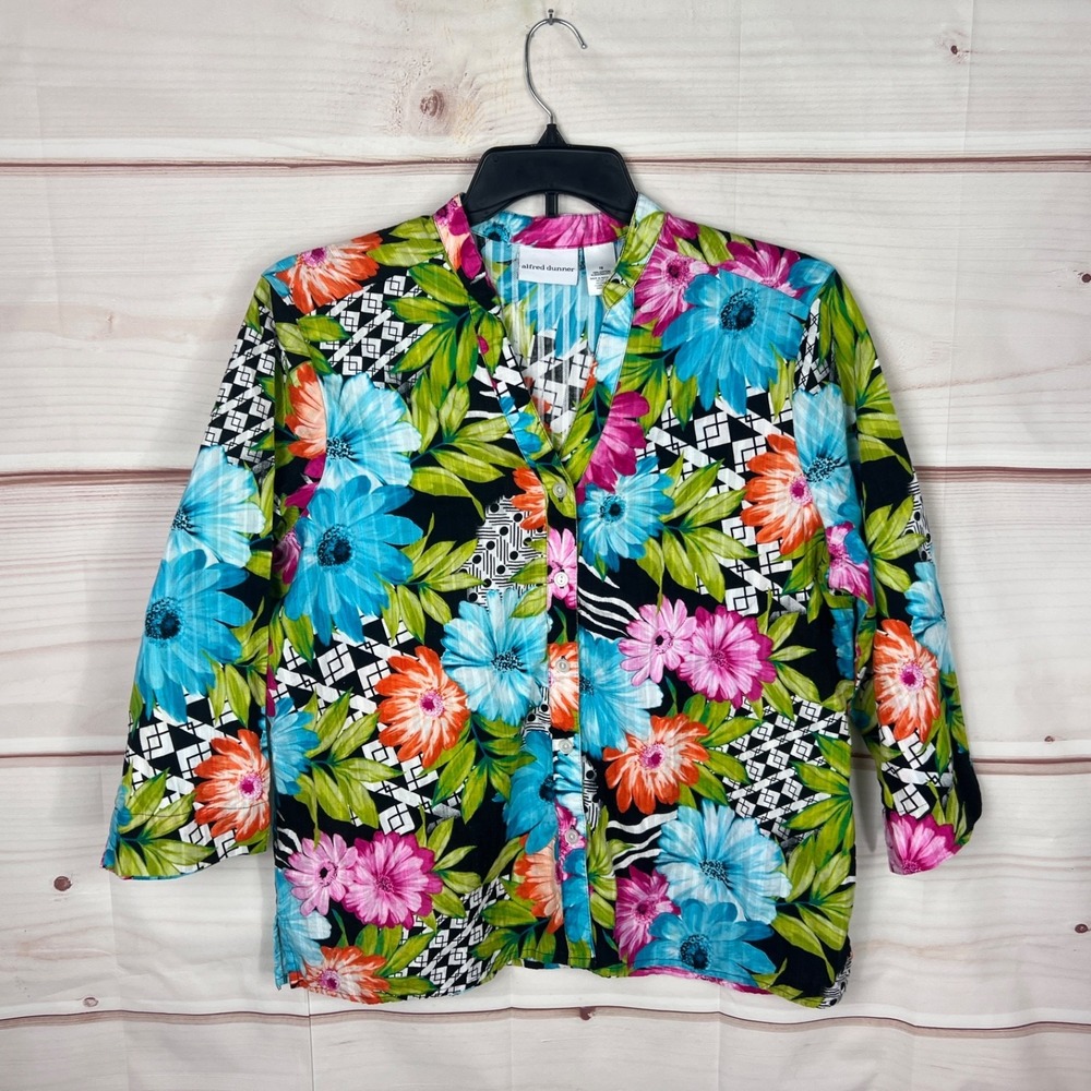 Alfred Dunner Top Womens 18 Colorful Floral Shirt Button Up 3/4 Sleeve Cotton